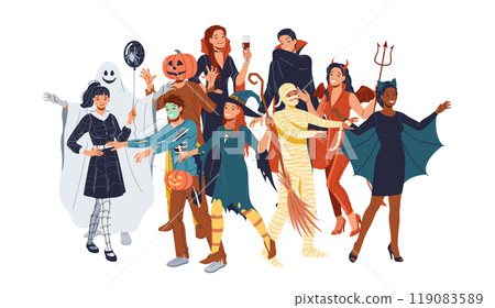 Group of friends in scary Halloween costumes illustration Group of friends in scary Halloween costumes illustration 119083589