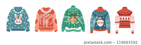 Christmas sweaters with winter holiday motifs vector objects 119083592