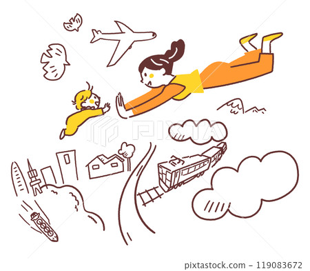 母親和嬰兒在空中擊掌的插圖素材，想像著充實的親子關係。 119083672