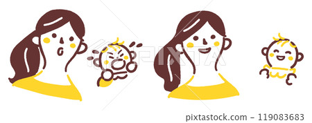 微笑的母親和嬰兒、哭泣的嬰兒和驚訝的母親套裝 庫存插畫素材 119083683