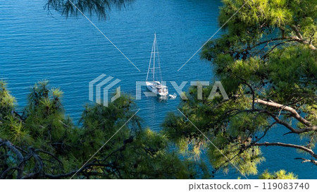 A yacht in the stunning Turkish Mediterranean coastline in Antalya, inside a blue sea, surrounded by lush green forests, and rugged rocky shores, attracting tourists every summer. 119083740