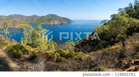 The stunning Turkish Mediterranean coastline as seen from the Lycian Way in Antalya features a blue sea, lush green forests, and rugged rocky shores, attracting tourists every summer. 119083761