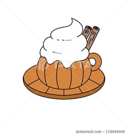 A pumpkin shaped cup with whipped cream and cinnamon sticks on top A pumpkin shaped cup with whipped cream and cinnamon sticks on top 119084000