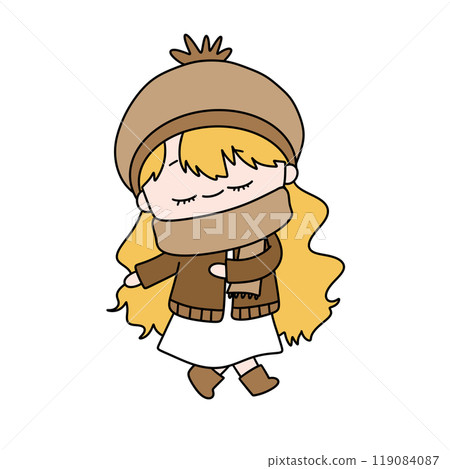 A girl is wearing a brown hat and a scarf and is sleeping A girl is wearing a brown hat and a scarf and is sleeping 119084087