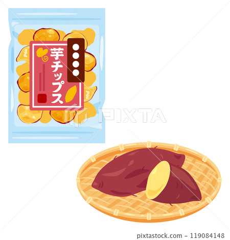 A bag of potato chips and sweet potatoes in a colander A bag of potato chips and sweet potatoes in a colander 119084148