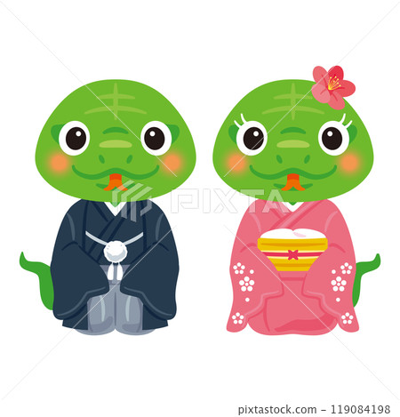 Green snake character in a celebratory outfit for the year of the snake, male and female 1 119084198