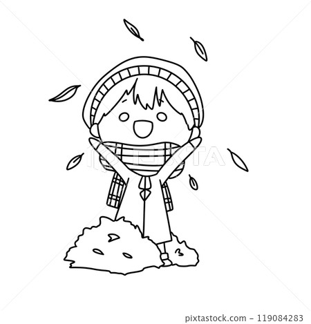 A child is standing in the rain with a hat on and is smiling 119084283