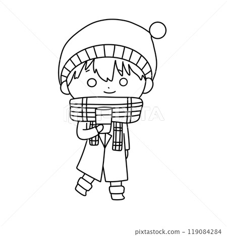 A boy wearing a hat and scarf is holding a cup 119084284