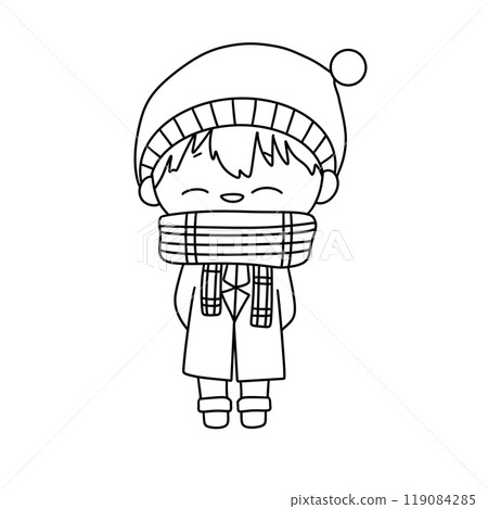 A boy in a hat and scarf is holding a scarf around his neck A boy in a hat and scarf is holding a scarf around his neck 119084285