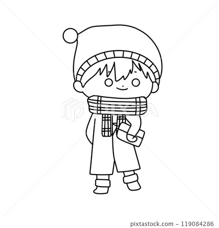 A boy wearing a hat and scarf is holding a book 119084286