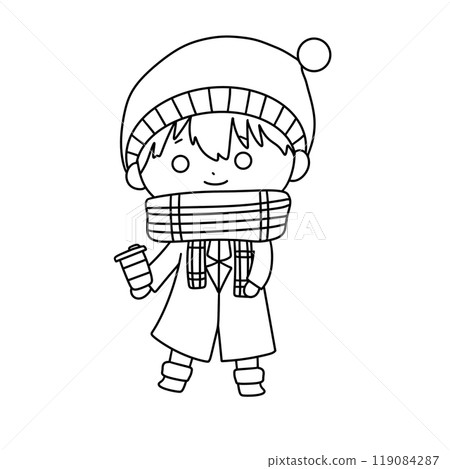 A boy wearing a hat and scarf is holding a cup of coffee 119084287