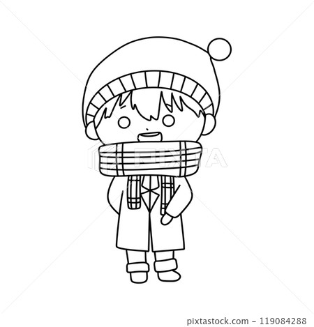 A boy wearing a hat and scarf is holding a scarf around his neck A boy wearing a hat and scarf is holding a scarf around his neck 119084288