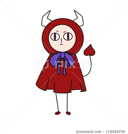 A cartoonish red and purple costume with a red hat and a purple bow A cartoonish red and purple costume with a red hat and a purple bow 119084298
