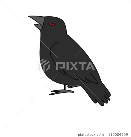 A black bird with red eyes is standing on a white background 119084309