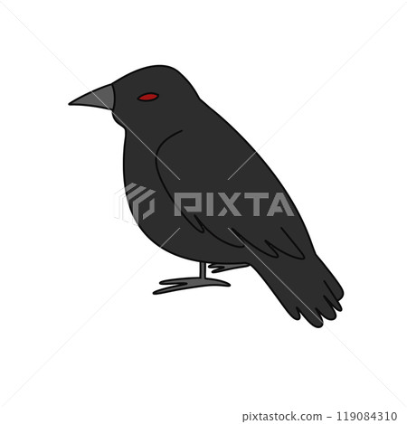 A black bird with red eyes sits on a white background 119084310