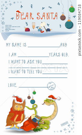 A letter for Santa Claus with lines to fill in wishes and data A snake and an owl look at each other 119084718