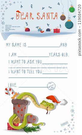 A letter for Santa Claus with lines to fill in wishes and data A snake climbs out of a sock for gifts 119084720