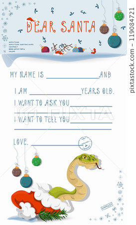 A letter for Santa Claus with lines to fill in wishes and data A snake climbs out of Santas hat 119084721