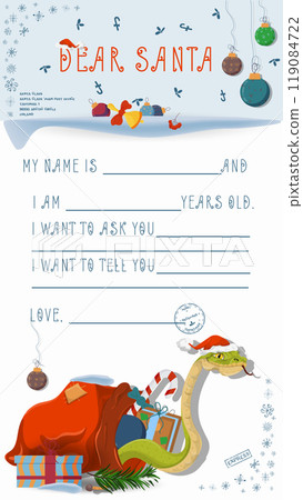 A letter for Santa Claus with lines to fill in wishes and data A snake crawls out of a gift bag 119084722