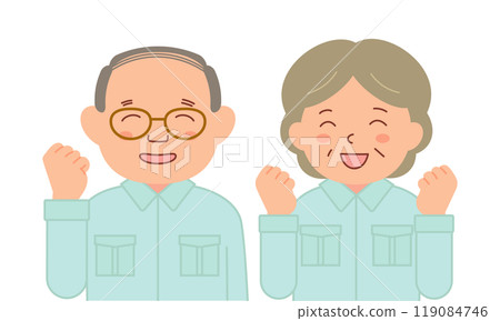 Senior staff in work clothes smiling and posing with fist (upper body) 119084746