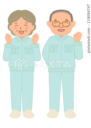 穿著工作服的高級工作人員微笑著打拳（全身） 119084747