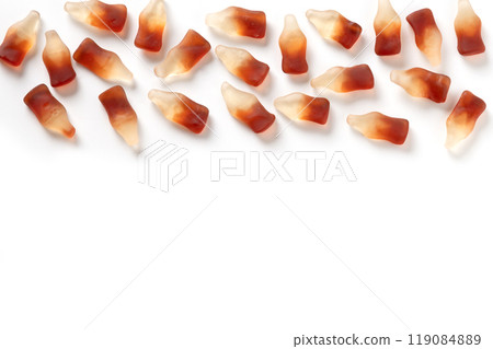 Gummy jellies in shape of soda bottles on white background. 119084889