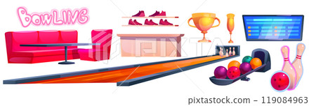 Bowling club interior elements cartoon vector set 119084963