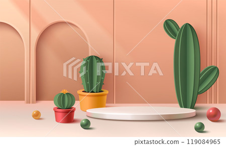 3d beige summer podium with cactus for product 119084965