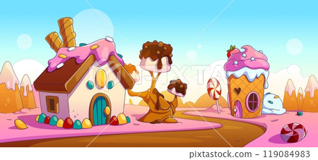 Fantasy candy land with road near houses and trees Fantasy candy land with road near houses and trees 119084983