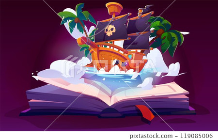 Open magic paper book with pirate ship Open magic paper book with pirate ship 119085006