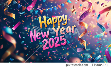 Bright watercolor banners and transparencies with the inscription Happy New Year 2025 are hung 119085152