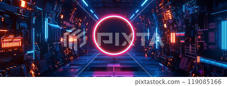 abstract tech background with neon-lit circuit boards, wires, and microchips, set against a dark, gradient blue background. 119085166