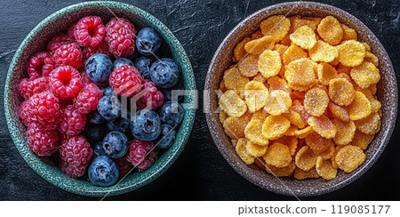 Freshly picked berries in one bowl, opposite a colorful bowl of sugar-filled cereal.Proper nutrition, fitness diet 119085177