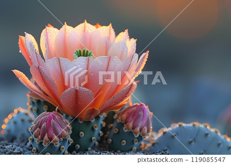 Small pink prickly pear cactus flower close up 119085547