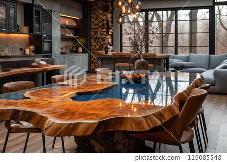 Large wooden table with a blue epoxy top and a vase of flowers. Dining room has a warm and inviting atmosphere 119085548