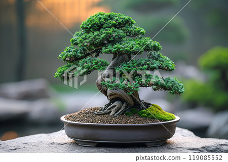 Large bonsai tree stands on the table. The concept of tranquility and natural beauty 119085552