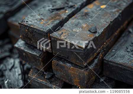 Stack of black bricks covered in dirt and grime Stack of black bricks covered in dirt and grime 119085556