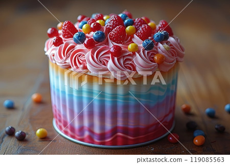 Colorful cake with blueberries, strawberries, and raspberries on top decorated with frosting and has a rainbow design Colorful cake with blueberries, strawberries, and raspberries on top decorated with frosting and has a rainbow design 119085563