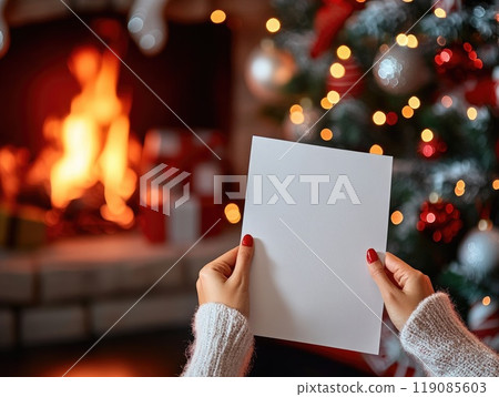 First-person view of a woman holding blank card near cozy christmas fireplace scene 119085603