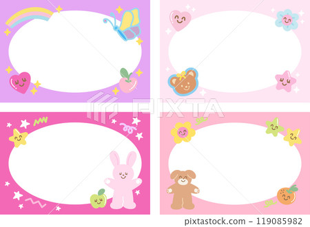 Pastel frames with butterfly, teddy bear, bunny, puppy, apple, flower for polaroid frame, banner, back to school, template, social media post, post card, name tag, sticker, zoo, souvenir shop, animal	 119085982