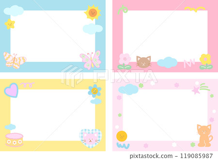 Pastel frame with cat, butterfly, flowers, sun, cloud, cake, heart for polaroid frame, banner, print, pet, rescue animal, vet, ad template, social media, post card, name tag, nature, garden, summer Pastel frame with cat, butterfly, flowers, sun, cloud, cake, heart for polaroid frame, banner, print, pet, rescue animal, vet, ad template, social media, post card, name tag, nature, garden, summer 119085987