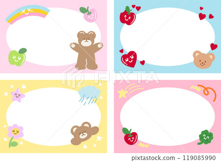 Pastel frame with teddy bear, apple, flowers, red heart, rainbow, clover leaf for polaroid frame, banner, animal print, zoo, souvenir shop, pet, ad template, social media post, post card, name tag Pastel frame with teddy bear, apple, flowers, red heart, rainbow, clover leaf for polaroid frame, banner, animal print, zoo, souvenir shop, pet, ad template, social media post, post card, name tag 119085990