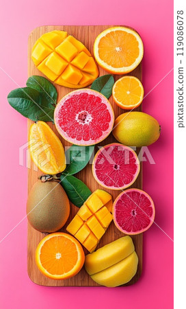 A variety of colorful fruits sliced and arranged on a wooden cutting board 119086078