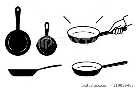 Illustration of various frying pans and a hand holding a frying pan Illustration of various frying pans and a hand holding a frying pan 119086492