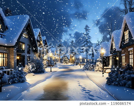 Tranquil village lights casting a warm glow on the snowy rooftops during a serene winter night. Winter beauty concept 119086574
