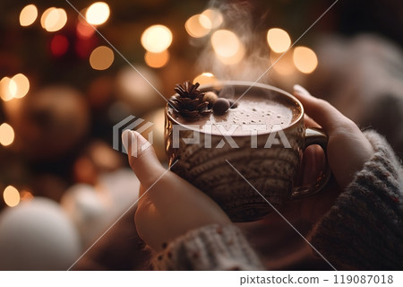 Warm embrace of hot chocolate held in hands surrounded by festive lights. Cozy atmosphere concept 119087018
