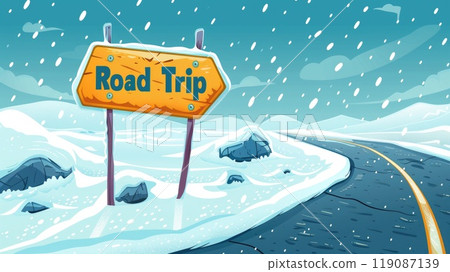 road trip traffic sign on the highway in winter illustration 119087139