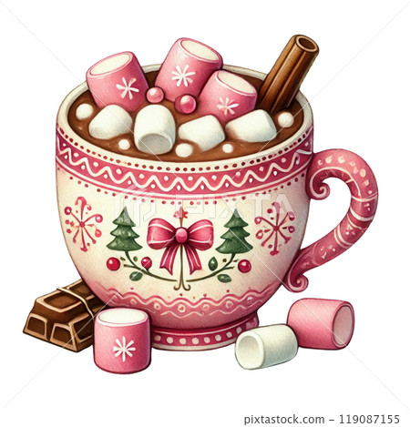 Cozy hot chocolate in a decorated holiday mug, topped with marshmallows and cinnamon, perfect for winter warmth. Cozy hot chocolate in a decorated holiday mug, topped with marshmallows and cinnamon, perfect for winter warmth. 119087155