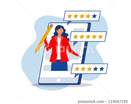 good feedback or credit score, evaluation rank Feedback, customers review, positive user experience concept. 5 stars rating of mobile app, online service satisfaction good feedback or credit score, evaluation rank Feedback, customers review, positive user experience concept. 5 stars rating of mobile app, online service satisfaction 119087295