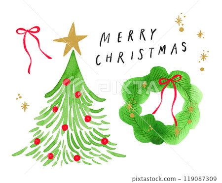 一套聖誕樹和花圈簡單和手繪的圖標 119087309